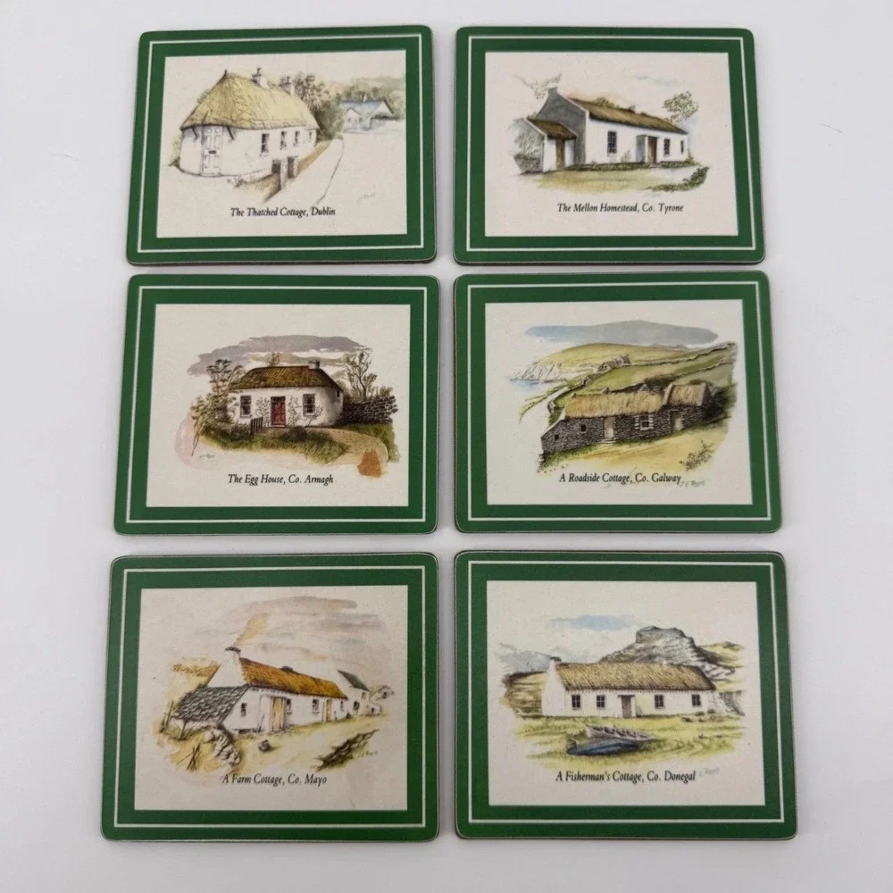 Lucan Designers Coaster Set Irish Cottage Vintage Cork Felt Green White 6pc